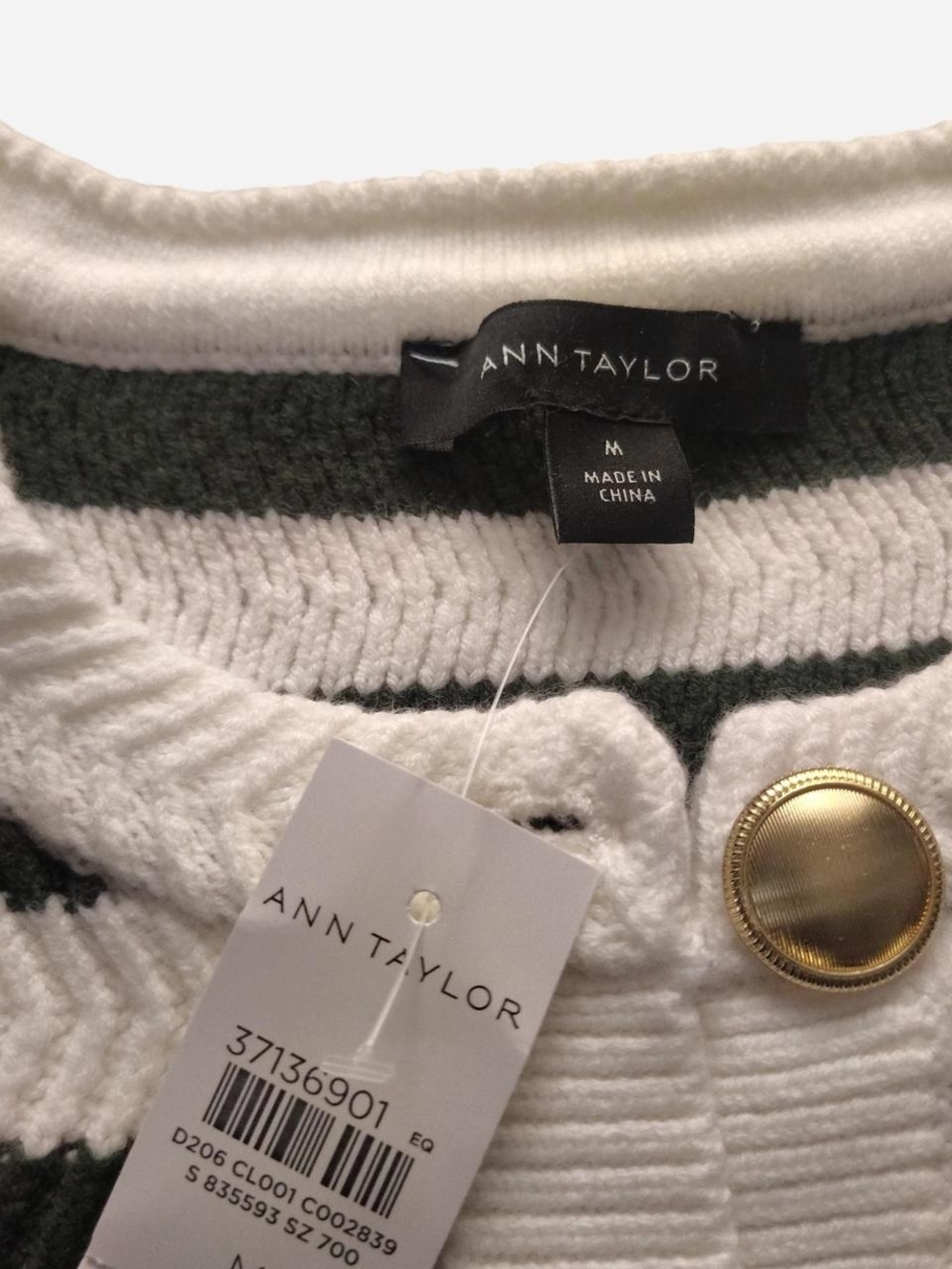 Ann Taylor Striped Crewneck Cardigan in Green and Cream - Picture 2 of 7